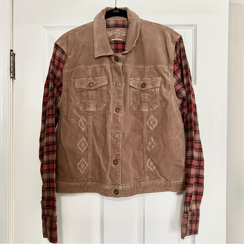 Rustic Fall Brown Cozy Warm Corduroy Utility Jacket Plaid Sleeves Western Barn - Picture 1 of 9